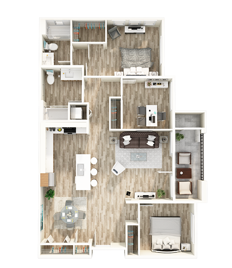 Floor plan for 3 beds, 2 baths, 1227 sqft
